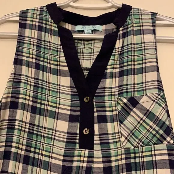 She + Sky green and navy plaid sleeveless top. Size S. Length 27” - Picture 2 of 5